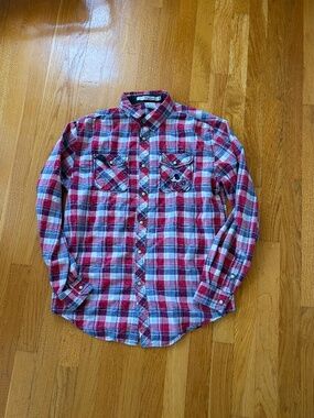 Disney Parks Plaid Pearl SnapMickey Mouse Long Sleeved Shirt Button Down Small
